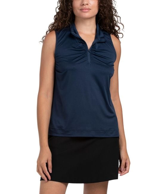 Tj Maxx Blue Upf 50 Sleeveless Ruched Front Pull Over Tank Top For Spandex/Polyester