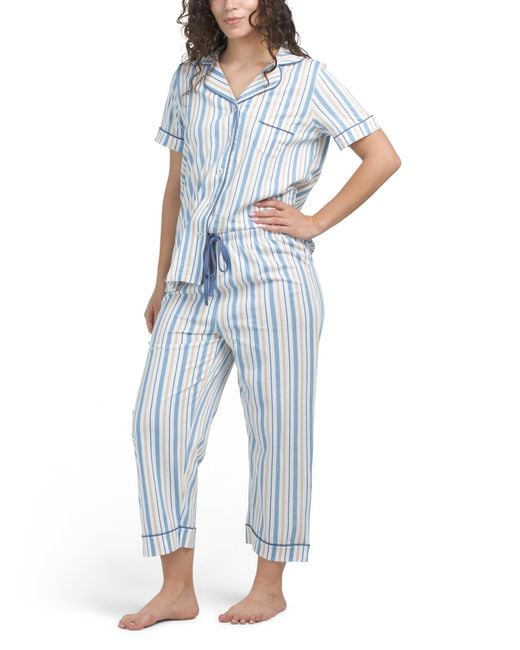 Tj Maxx Blue Cotton Stripe Notch Collar Capri Pajama Set For