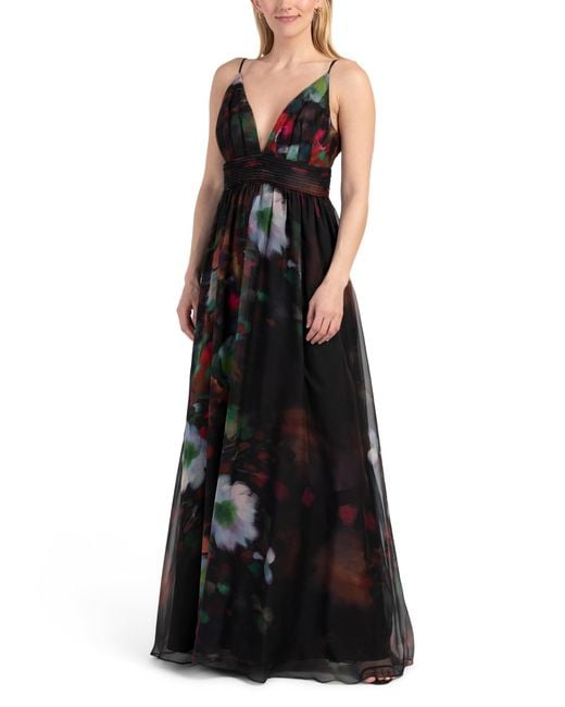 Tj Maxx Black Pleated Floral Printed Gown For Spandex/Polyester