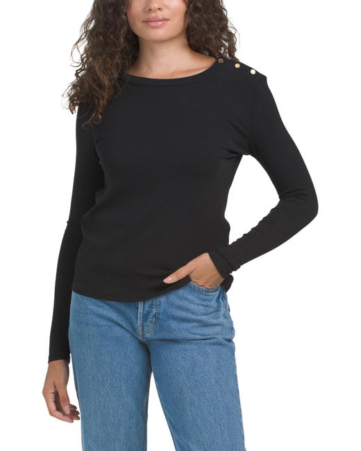 Tj Maxx Black Long Sleeve Crew Neck Top With Button Shoulder For Spandex/Modal