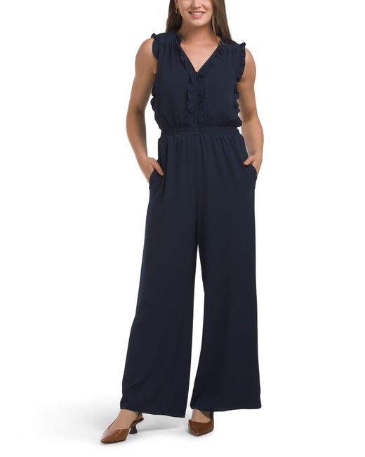 Tj Maxx Blue V-Neck Ruffle Elastic Waist Jumpsuit For Spandex/Polyester