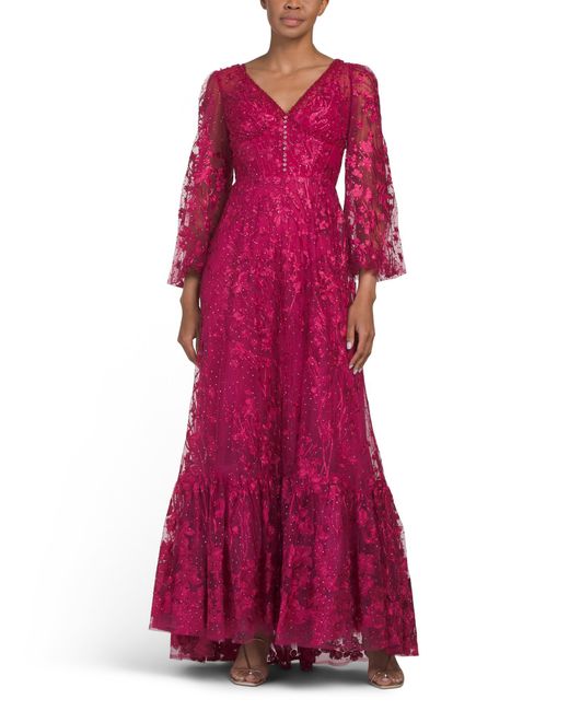 TJ Maxx Women's Red Long Sleeve 3D Floral Gown For Polyester