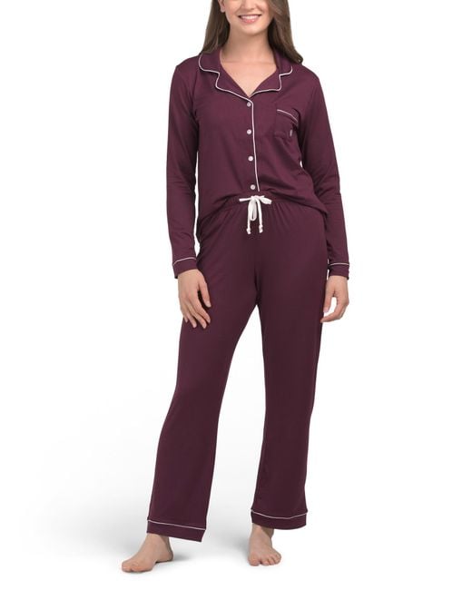 Tj Maxx Red 2Pc Long Sleeve Notch Collar Pajama Set With Contrast Trim For Spandex/Polyester