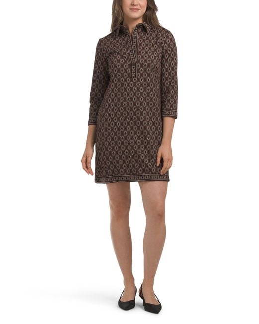 Tj Maxx Brown Double Knit Three-Quarter Sleeve Collared Shirt Mini Dress For Spandex/Polyester/Rayon