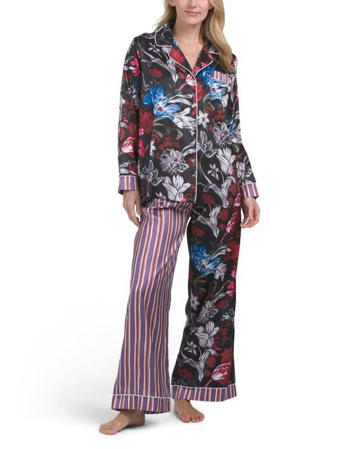Tj Maxx Red Floral Mixed Print Satin Pajama Set For Spandex/Polyester
