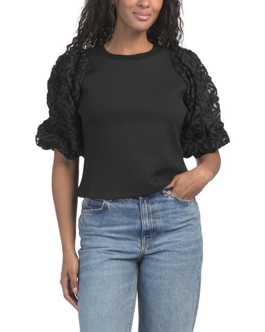 Tj Maxx Black Floral Mesh Sleeve Mixed Media Top For Spandex/Cotton/Polyester