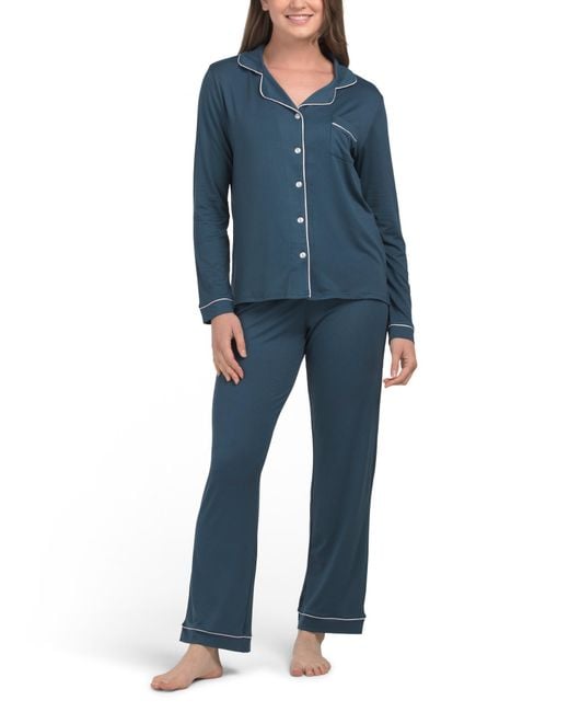 Tj Maxx Blue 2Pc Long Sleeve Notch Collar Pajama Set With Contrast Trim For Spandex/Polyester