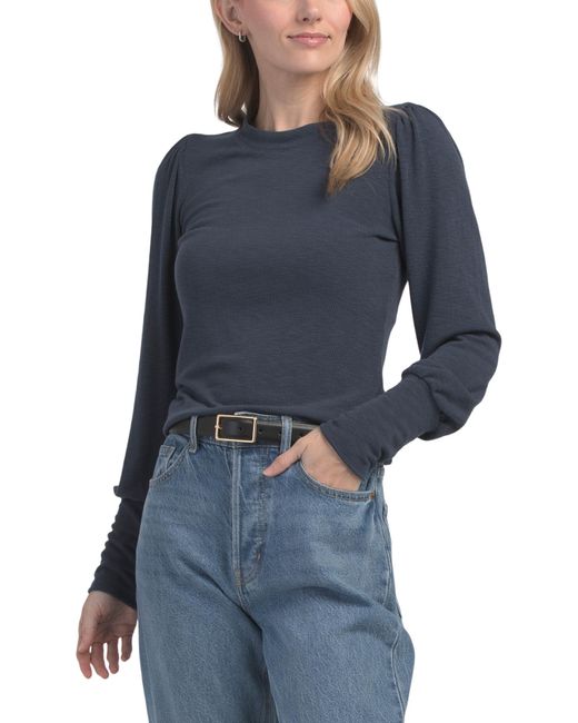 Tj Maxx Blue Fonda Puff Sleeve Back Snap Top For Spandex/Polyester/Rayon
