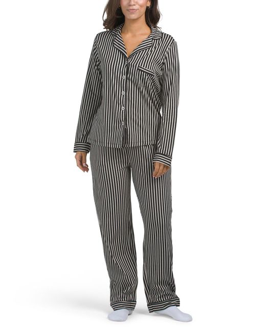 Tj Maxx Gray Cotton Stripe Be Natural Long Sleeve Pajama Set For