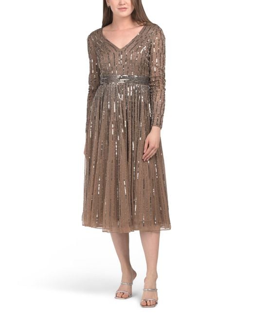 Tj Maxx Brown Long Sleeve Tea Length Sequin Detail Dress For Polyester