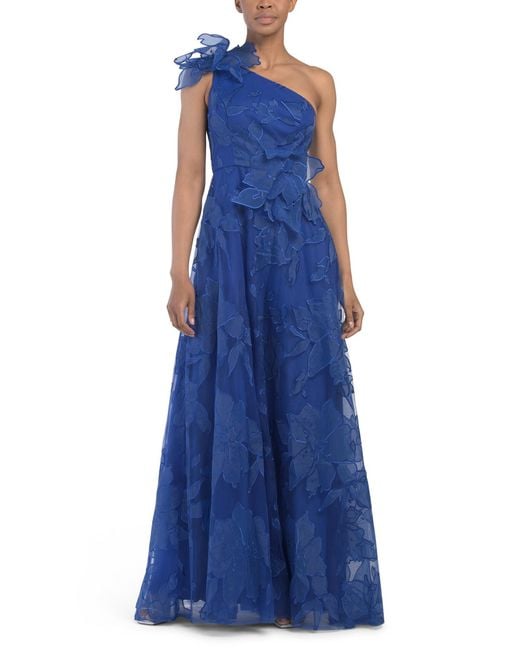tj maxx blue dress TJ Maxx Women's Blue One Shoulder 3D Floral Lace Gown For Polyester