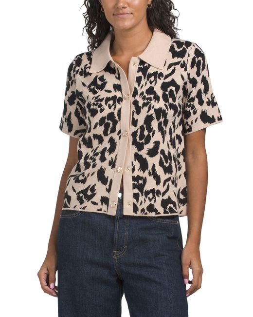 Tj Maxx Blue Double Knit Leopard Button Up Top, Nylon/Polyester/Rayon
