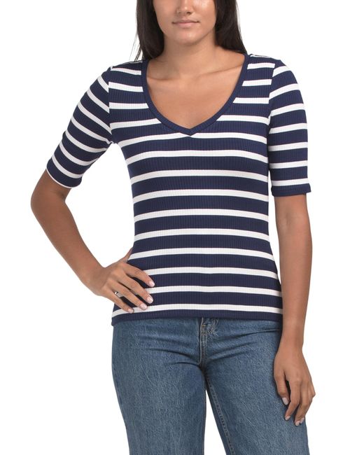 Tj Maxx Blue V-Neck Elbow Sleeve Stripe Top For Spandex/Rayon