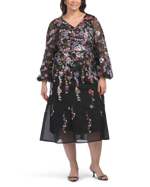 Tj Maxx Black Plus Puff Sleeve Embellished A-Line Maxi Dress For Polyester