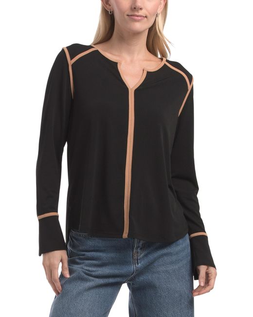 Tj Maxx Black Long Sleeve Top With Contrast Piping For Spandex/Polyester