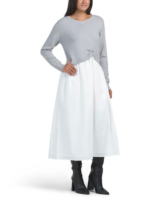 Tj Maxx White Mixed Media Midi Sweater Dress With Knot Accent For Nylon/Polyester/Viscose