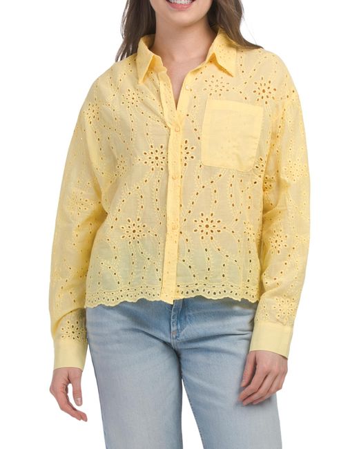 Tj Maxx Yellow Eyelet Cropped Long Sleeve Top For Cotton