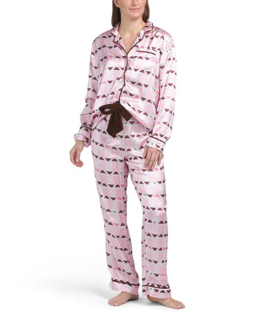 Tj Maxx Red 2Pc Martini Satin Long Sleeve Pajama Top And Pants Set With Scrunchie For Polyester
