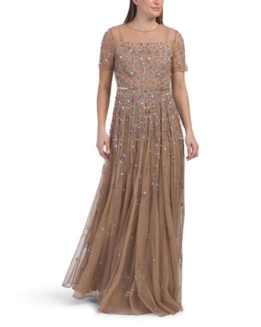 Tj Maxx Brown Short Sleeve Embellished Gown For Polyester