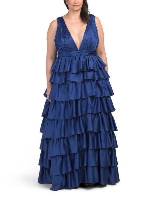 Tj Maxx Blue Sleeveless Pleated Tiered Gown For Polyester