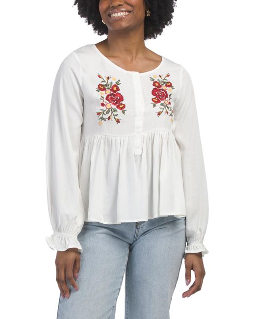 Tj Maxx White Floral Embroidered Long Sleeve Top For Rayon