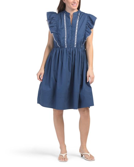 Tj Maxx Blue Flutter Sleeve Embroidered Mini Dress For Cotton