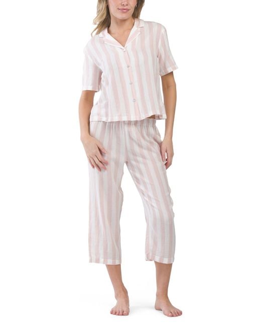 Tj Maxx Natural 2Pc Striped Notch Collar Sleep Set For Cotton
