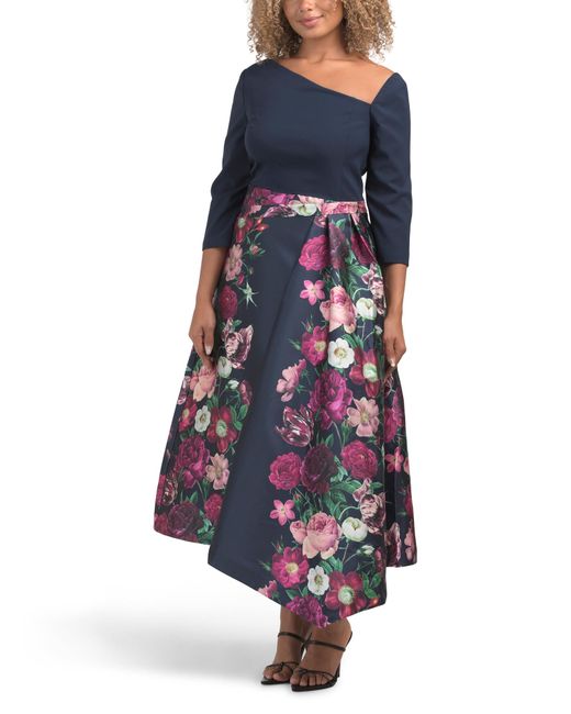 Tj Maxx Blue Three-Quarter Sleeve Floral Mikado Midi Dress For Polyester