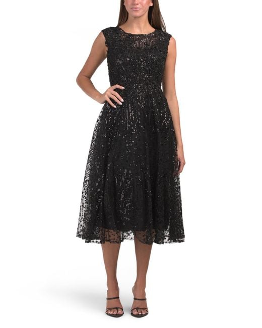 Tj Maxx Black Sleeveless Sequin Embellished Tea Length Dress For Polyester
