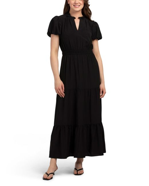 Tj Maxx Black Bubble Sleeve Tiered Maxi Dress For Spandex/Polyester