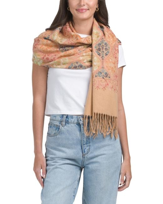 Tj Maxx Blue Embroidered Scarf With Fringe For Polyester