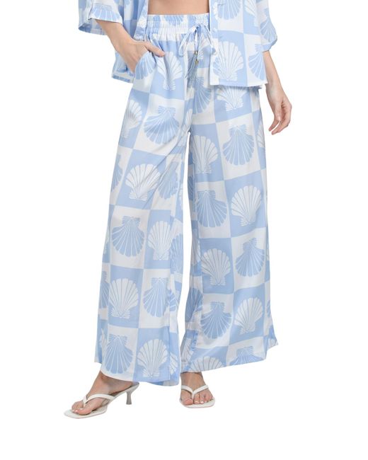 Tj Maxx Blue Printed Silky Crepe Wide Leg Cover-Up Pants For Polyester