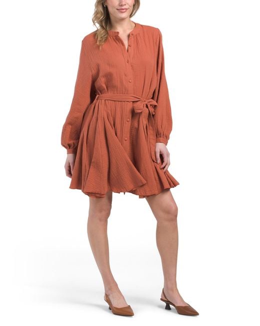 Tj Maxx Red Belted Double Gauze Godet Mini Dress For Cotton