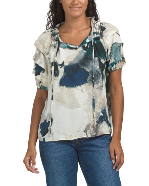 Tj Maxx Blue Short Sleeve Printed Blouse For Polyester