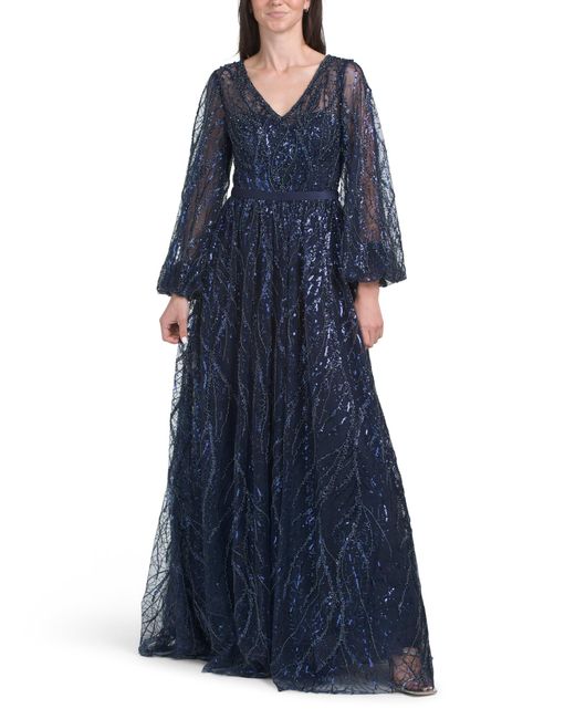 Tj Maxx Blue Long Sleeve Beaded Gown For Polyester