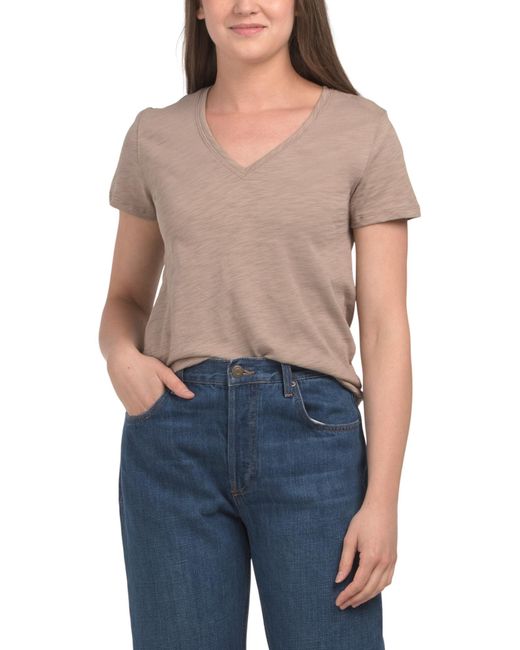 Tj Maxx Blue Short Sleeve Back Seam V-Neck Top For Cotton
