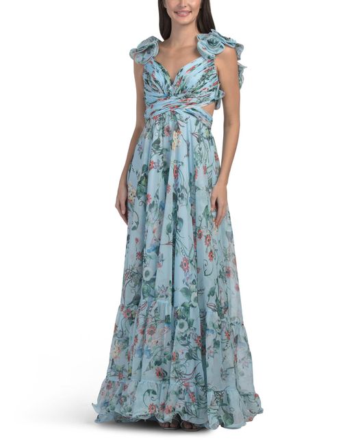 TJ Maxx Women's Blue Ruffle Sleeve Floral Gown For Polyester TJ Maxx Women's Blue Ruffle Sleeve Floral Gown For Polyester