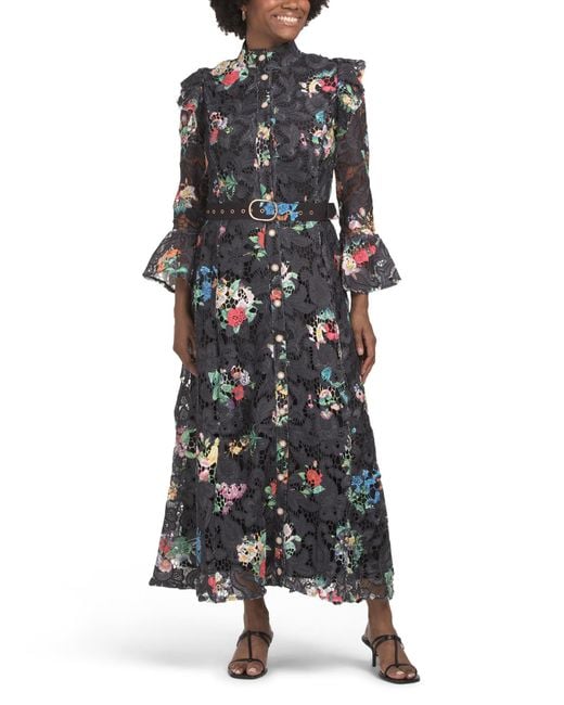 TJ Maxx Long Sleeve Floral Lace Maxi Dress With Belt For Spandex/Polyester  in Black | Lyst