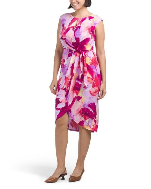 Tj Maxx Pink Keyhole Pleated Tulip Hem Dress With Side Tie Accent For Spandex/Polyester
