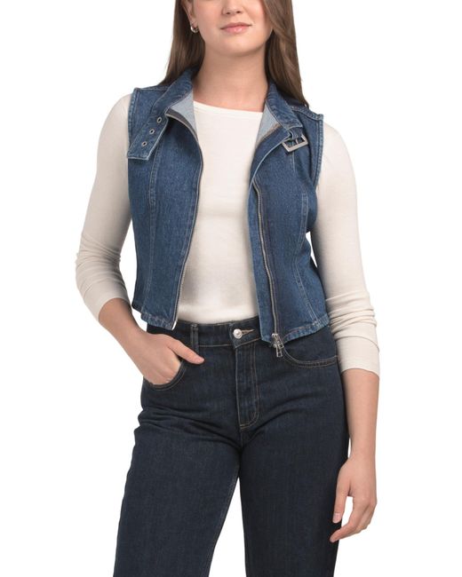 Tj Maxx Blue Denim Cropped Vest With Front Zip Closure For Cotton
