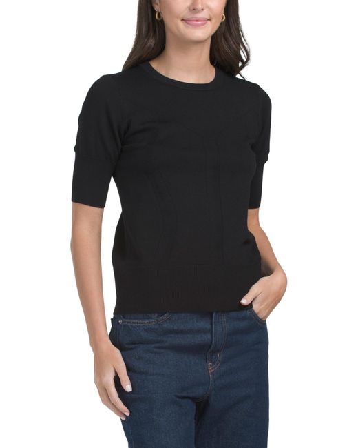 Tj Maxx Black Elbow Sleeve Sweater With Pointelle Yoke, Nylon/Viscose