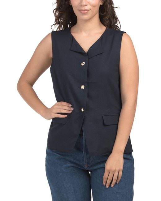 Tj Maxx Blue Linen Blend Crew Neck Button Up Vest For Polyester/Linen/Rayon