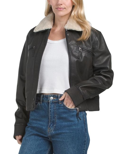 TJ Maxx Women's Gray Leather Aviator Jacket, Polyester/Leather