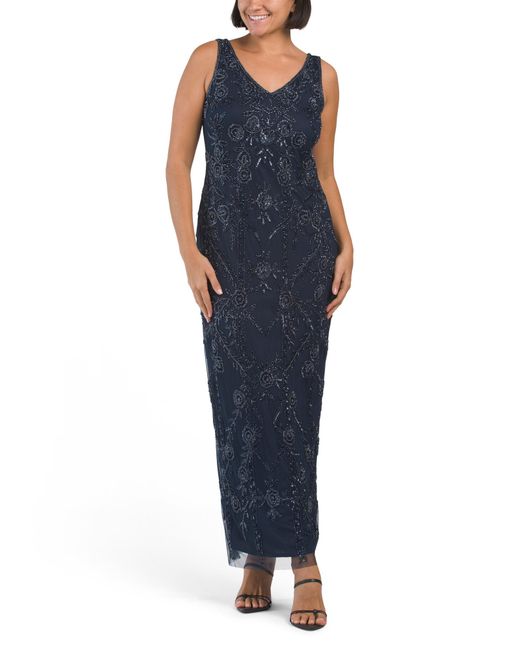 Tj Maxx Blue Sleeveless Beaded Floral Gown For Polyester/Rayon
