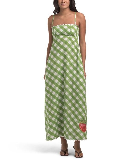 TJ Maxx Women's Green Sleeveless Gingham Strawberry Maxi Dress For Linen/Viscose  maxi dresses