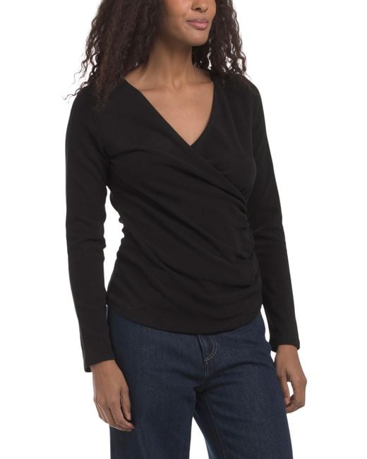 Tj Maxx Black Long Sleeve Faux Wrap Neck Top For Spandex/Polyester