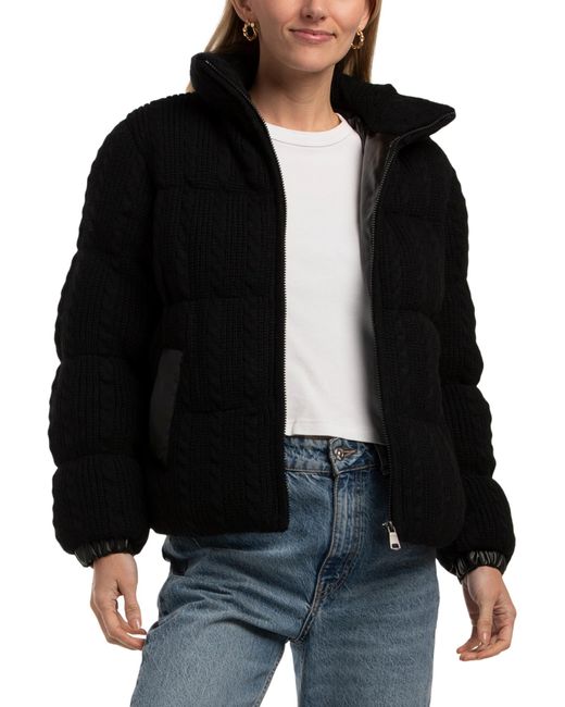 Tj Maxx Black Sweater Knit Puffer Jacket With Faux Leather Trim, Polyester/Leather