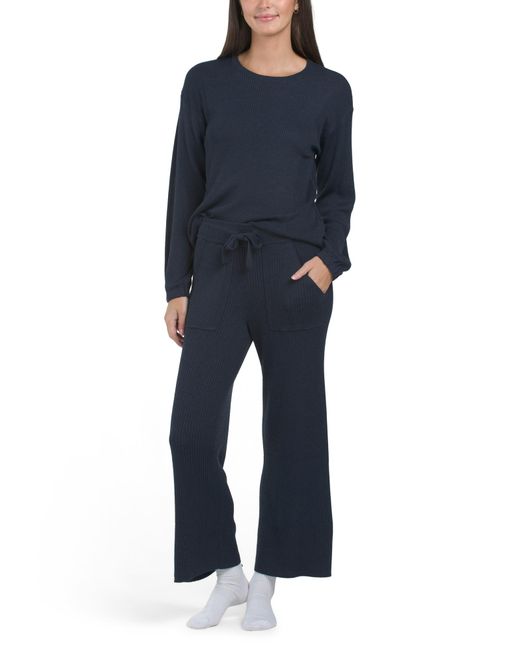 Tj Maxx Blue Gemma Ribbed Top And Wide Leg Cropped Pants Set, Nylon/Polyester/Acrylic