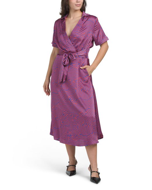 Tj Maxx Purple Short Sleeve Satin Faux Wrap Midi Dress For Polyester