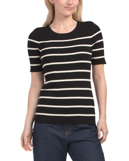 Tj Maxx Black Striped Short Sleeve Knit Top For Polyester/Rayon